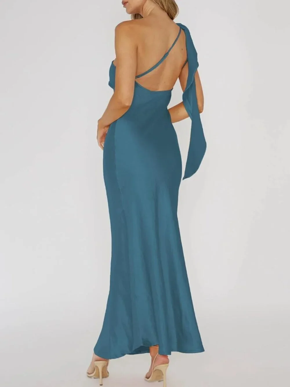 Women's Lake Blue Summer Silk Formal Elegant Sleeveless ONE Shoulder Maxi Dress